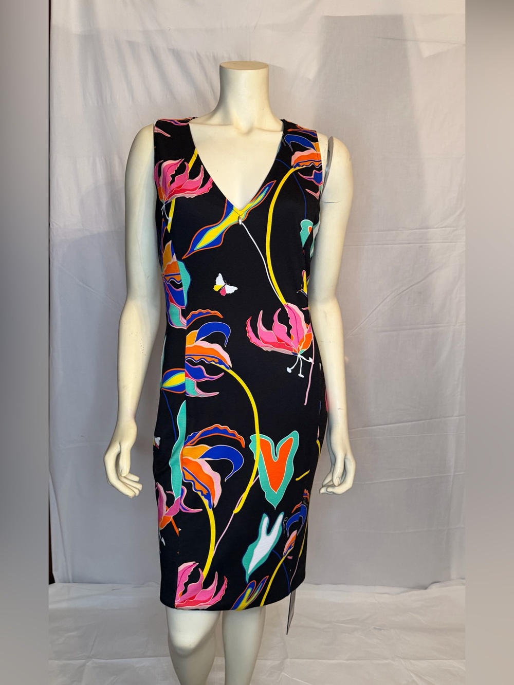 Cavalli Class Black V-Neck Mini Dress with Pink, Blue & Yellow Floral Print